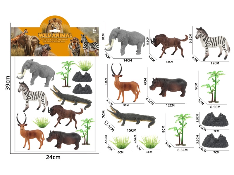 Elephant, Horned Horse, Zebra, Antelope, Hippopotamus, Crocodile Simulation Wild Animal Scene Series Set 6