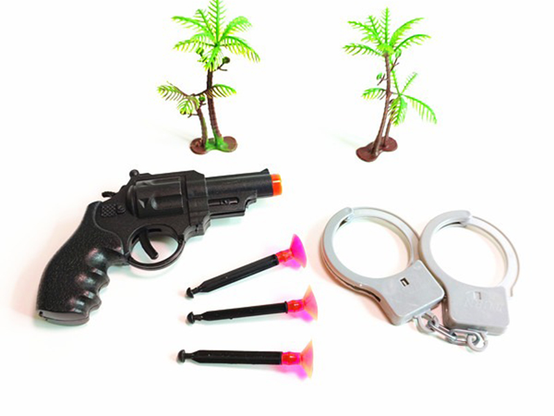 One Revolver Gun With Three Needles, Handcuffs, Two Coconut Palms