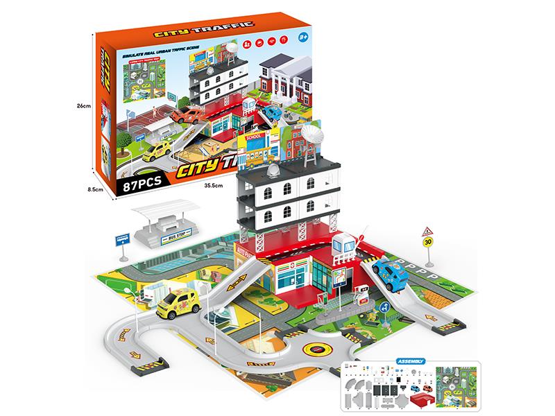 Simulated Track Ctiy Traffic Scene Set(With 2 Pull Back Cartoon Cars)