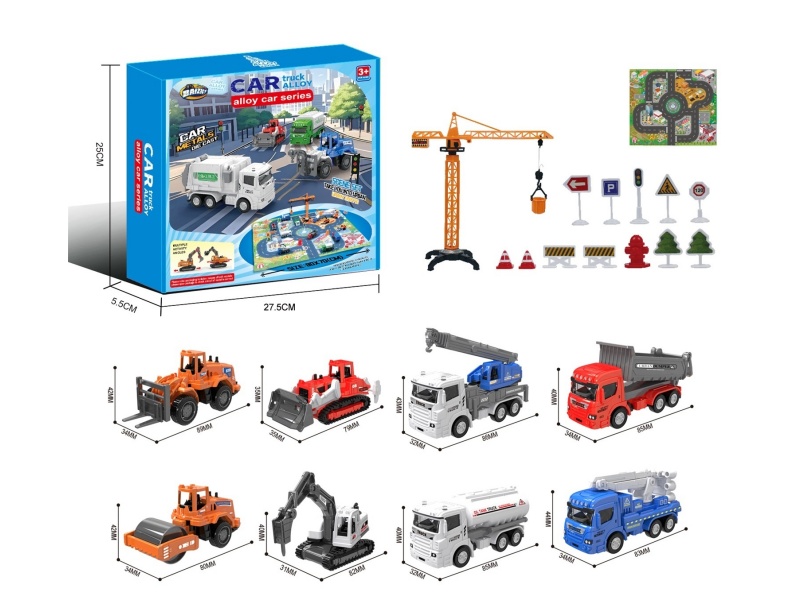 1:64 City Alloy Car Set B/8 Model (Crane Tower/Road Sign/Map)