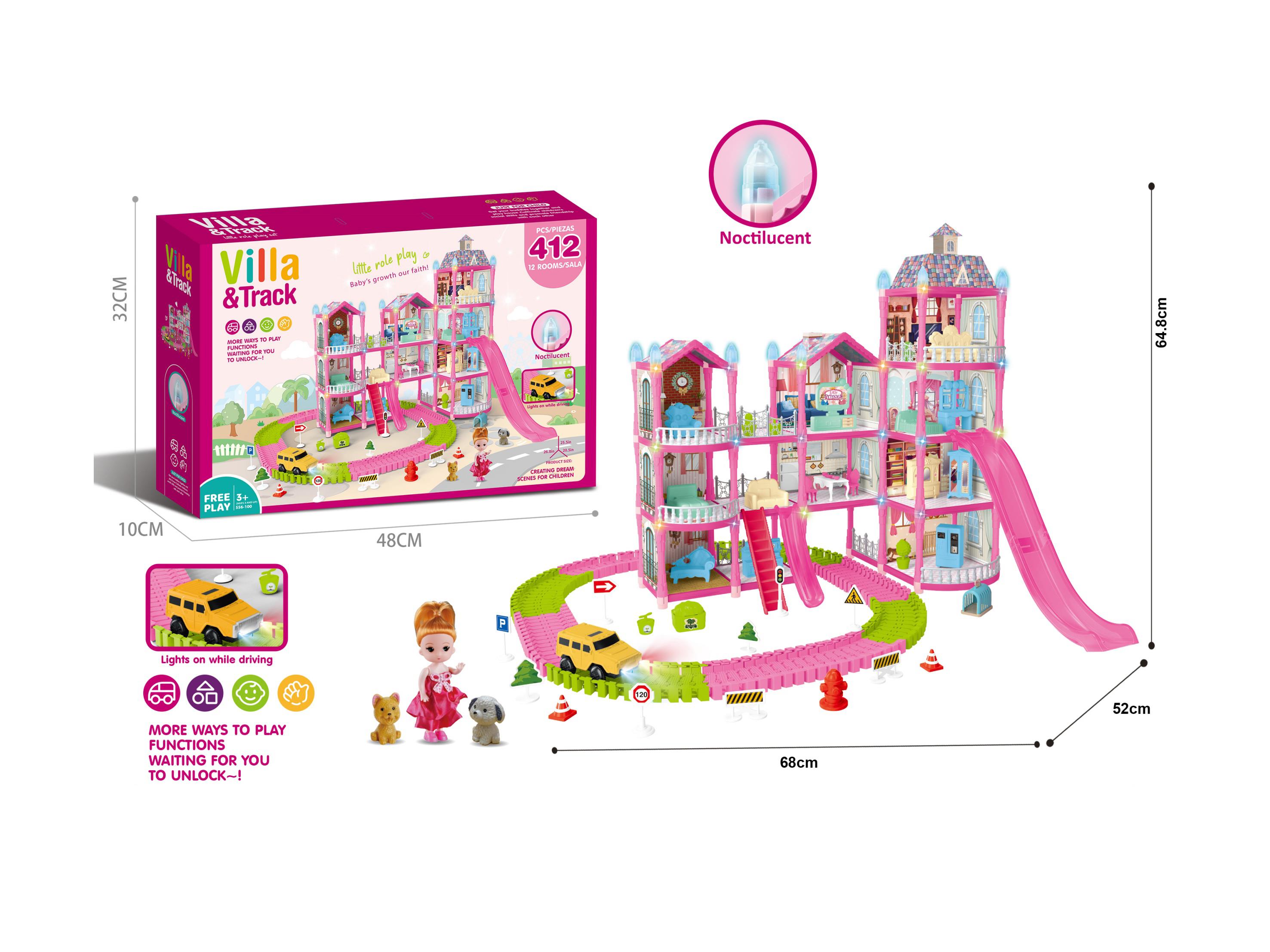 Luminous Pink Diy Assembly City Rail Style Castle Doll Villa 412 Pieces
