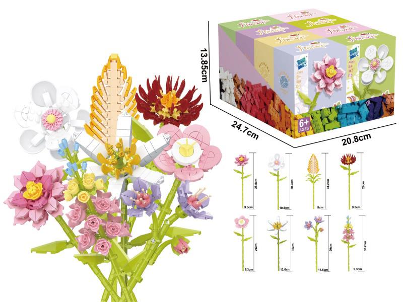 Eight-In-One Flower Bouquet Building Blocks: Kalanchoe, Angelica, Cymbidium, Cornflower, Oxalis, Anemone, Euphorbia, Antirrhinum, 256Pieces