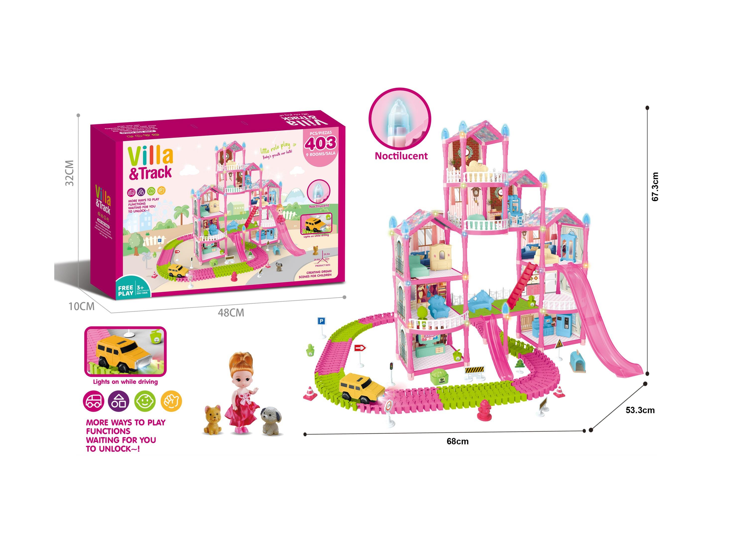 Luminescent Pink Diy Assembled City Rail Style Castle Doll Villa 403 Pieces