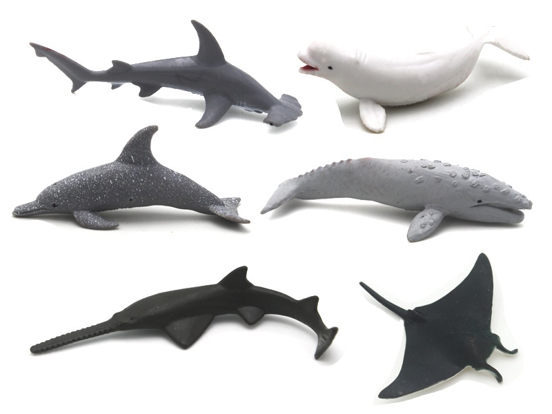 6 Mini Marine Creatures (A Spotted Dolphin +B Hammerhead Shark +C Manta Ray +D Gray Whale +E Beluga Whale +F Sawfish)