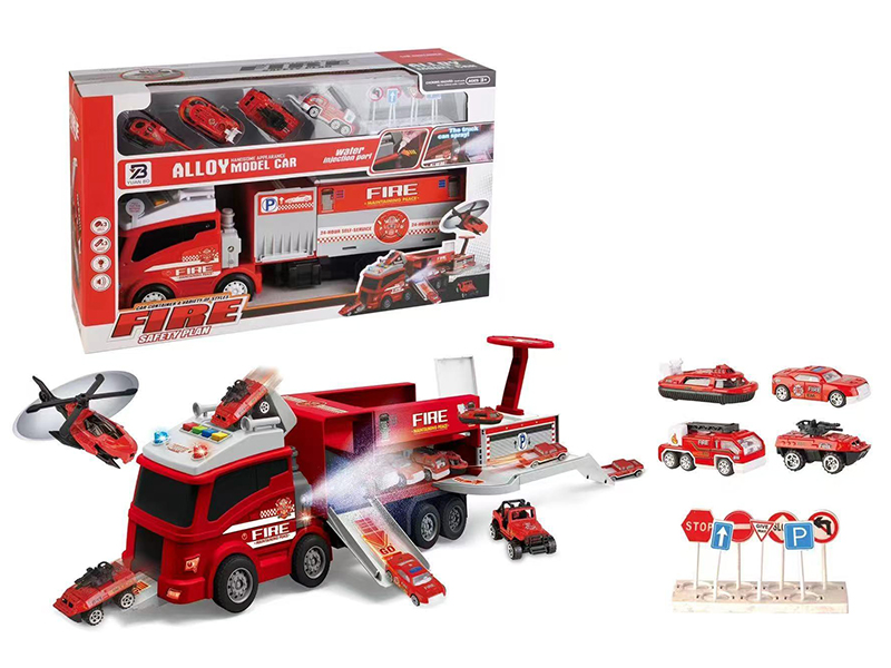Friction Fire Control Storage Container Truck With Alloy Cars(Spray, Lights And Music)