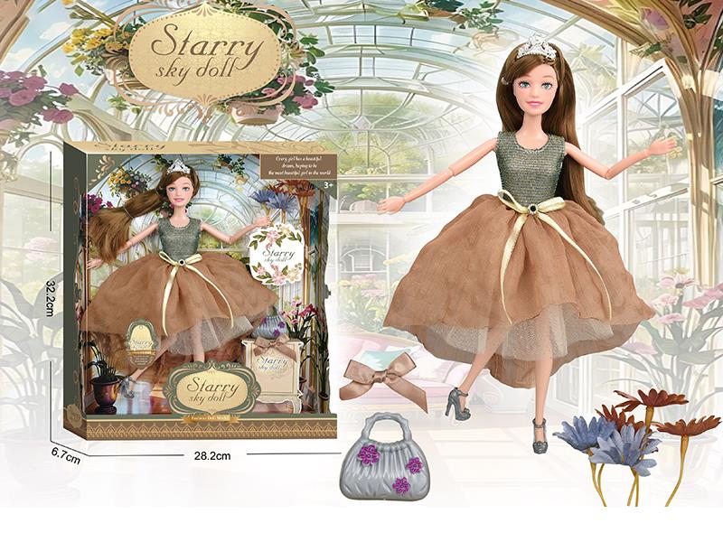 11.5 Inch 11-Joints Fashion Doll With Crown, Simulated Bouquet, Handbag