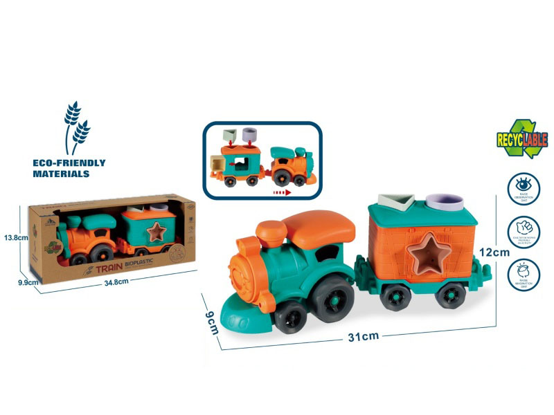 Straw Material Sliding Cartoon Locomotive Hanging Carriages (Geometric Grain-Shaped Blocks *4)