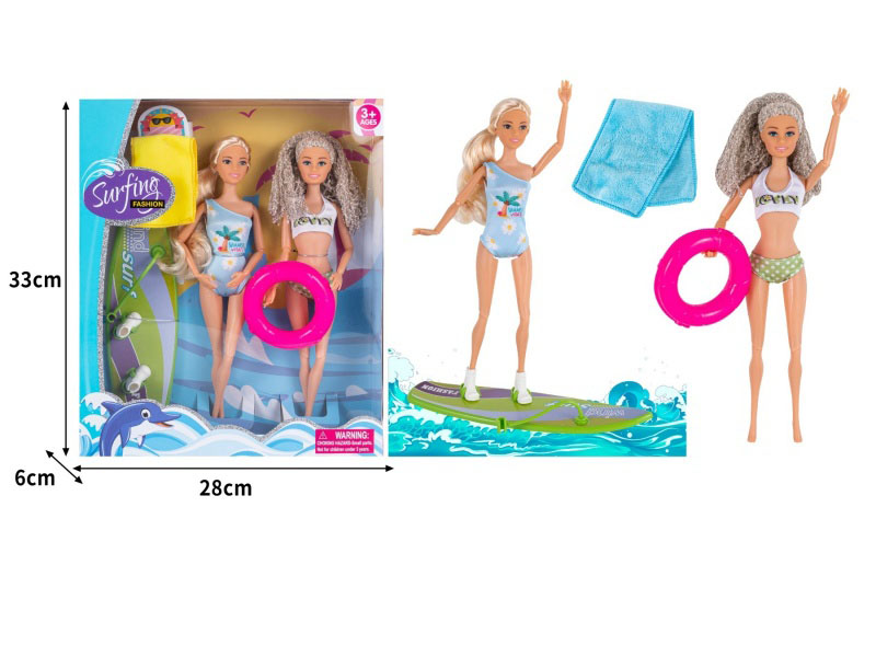 Two Spanish Skin Color 11.5-Inch Heavy 11-Joint Dolls With Surfboard + Lifebuoy Towel