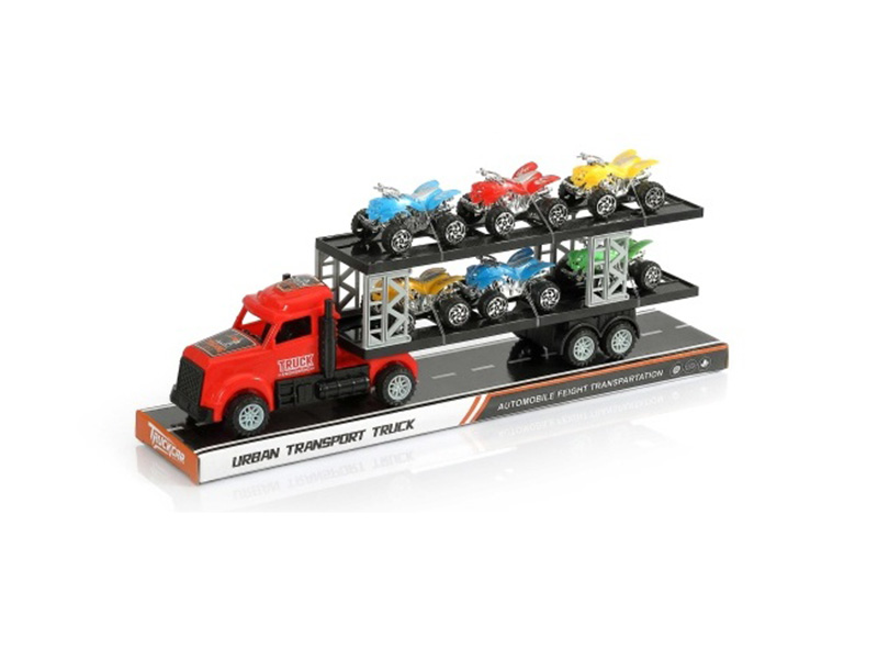 An Inertial American Tractor Truck Is Carrying Six Atvs