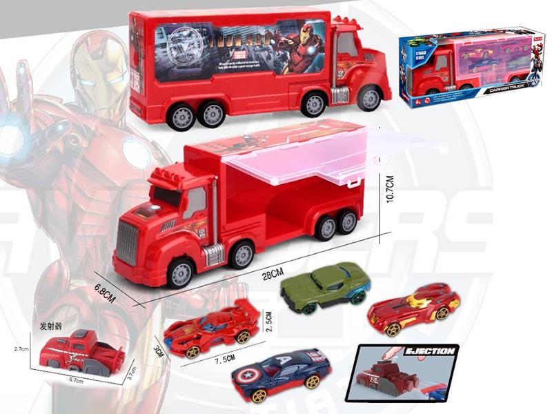 Friction Iron Man Storage Carrier Truck + 4pcs 7.5cm Slide Alloy Cars + Launcher