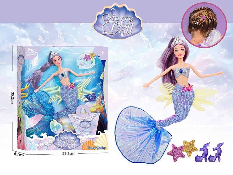 11.5 Inch 11-Joints Mermaid Princess Doll With Crown, Hair Clip, DIY Necklace