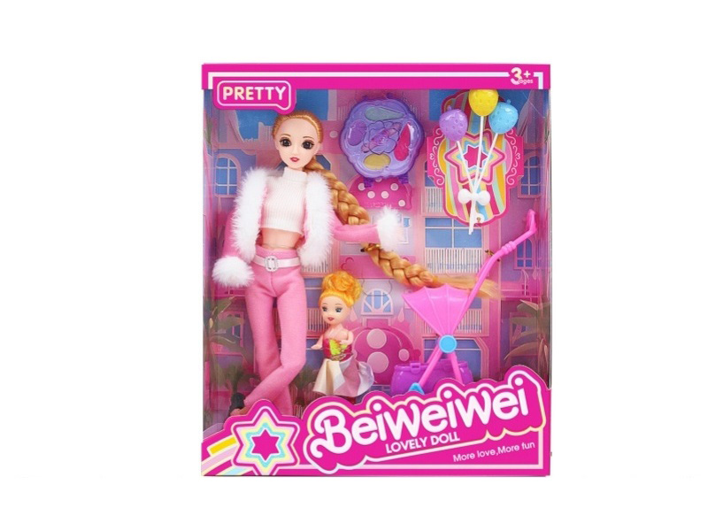 A Mixed Set Of 11.5-Inch, 11-Joint, 28-Centimeter 3D Eye Long Braid Mother-Daughter Dolls, Strollers And Accessories