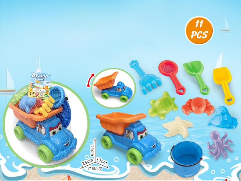 Large Truck With Beach Accessories + Folding Bucket (11 Pieces)