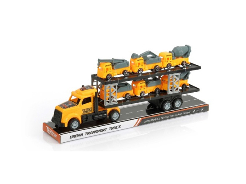 An Inertial American-Style Tractor Truck Is Carrying Six Engineering Vehicles