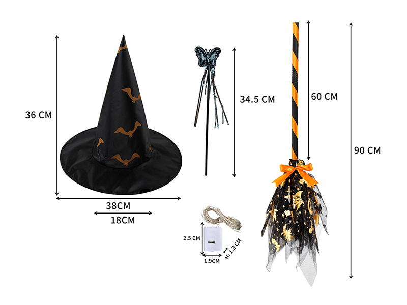 Halloween Hat, Broomstick, Fairy Wand Set