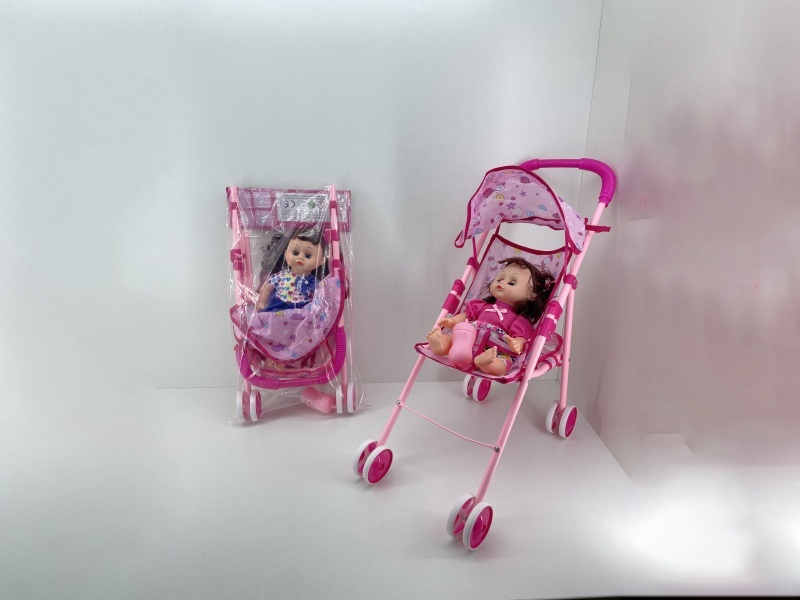 Baby Stroller (Iron) + 12-Inch Fully Blown Bottle Doll (With Ic) With Power And Baby Bottle. Two Types Of Doll Clothes Mixed Together