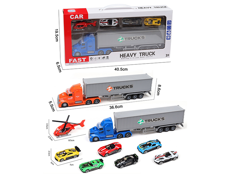 Friction Container Car With Sound And Lights + 1 Helicopter + 3 Slide Alloy Racing Cars