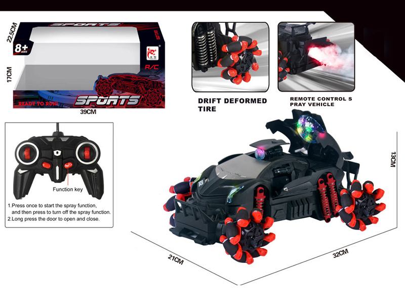 Remote Control One Key Door Opening Drift Deformed Tire Spray Car(Including Batteries)