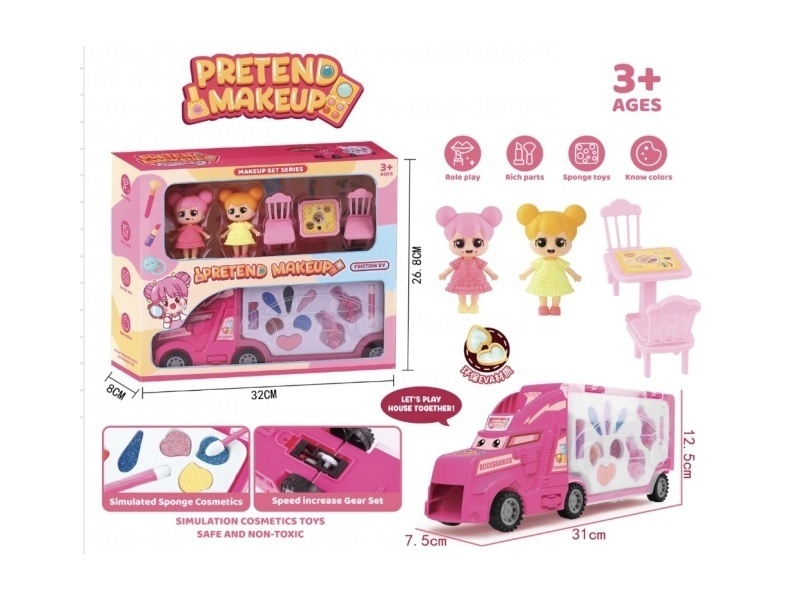 Children's inertial RV makeup, accessories, toys, 2 3-inch dolls + tables and chairs