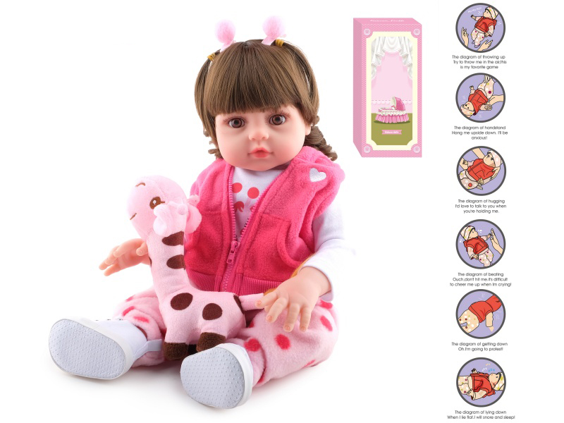 45cm Soft Plastic Reborn Doll(Wig Sheath)With Feeding-Bottle, Magnetic Pacifier, Diaper, Birth Card, Cloth Shoes, Giraffe，With Gravity Sensing Function