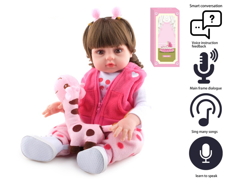 45cm Soft Plastic Reborn Doll(Wig Sheath)With Feeding-Bottle, Magnetic Pacifier, Diaper, Birth Card, Cloth Shoes, Giraffe, With Intelligent Conversation And Recording Functions