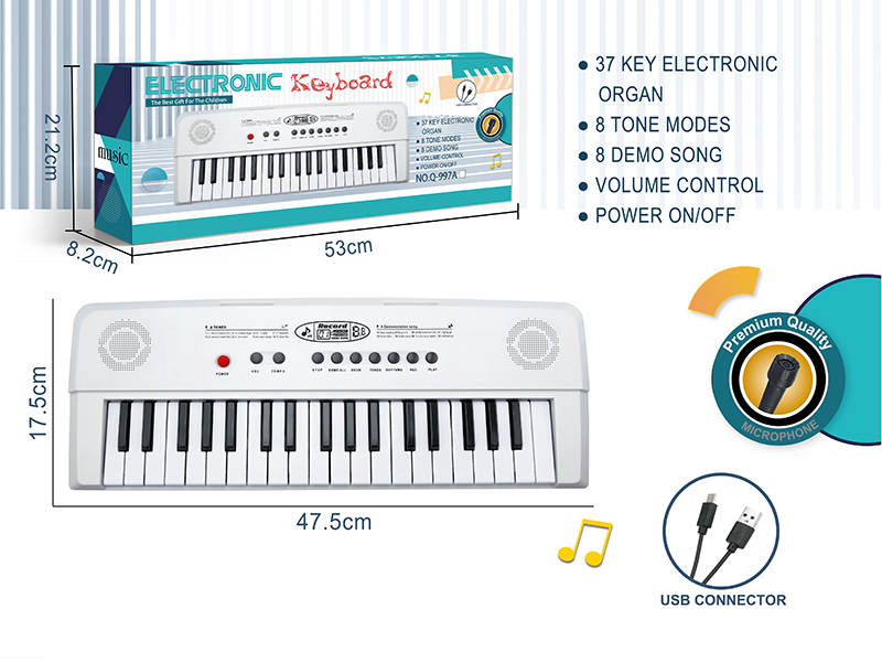 37-Key Multifunctional Electronic Organ With Microphone, TypeC Connector(White)