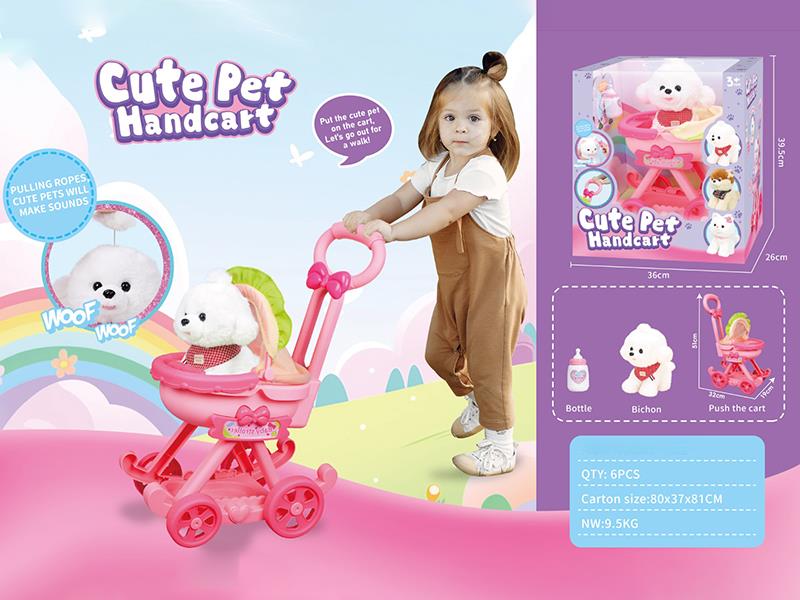 Plush Bichon Dog With Red Handcart