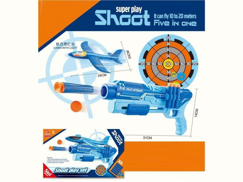 5-In-1 Multi-Functional Aircraft Gun (Blue + Light Blue) Soft Ammunition X6, Eva Balls X6, Target X1, Aircraft (With Cabin Light And Whistle) X1, Gun X1, Instruction Manual X1