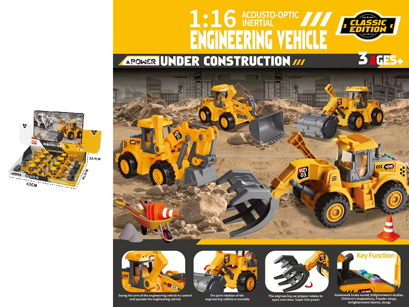 1:16 Friction Excavator/Bulldozer/Grab Loading Truck/Road Roller With Sound And Lights(8PCS)