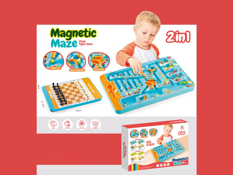 Children'S Transportation Vehicle Creative Magnetic Maze Beading Challenge Toy + Chess (2-In-1) (Magnetic + Chess Version, Blue)