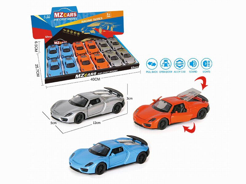 1:36 Pull Back Alloy Sports Car(3 Doors Can Open)(With Sound And Lights) 12pcs