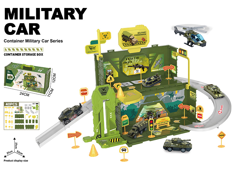 Container Storage Box Military Parking Lot(With 1 Alloy Car, Guidepost)40PCS