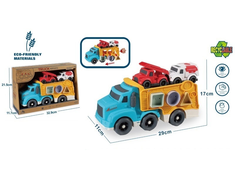 Lighting And Sound - Straw Material Sliding Cartoon Transport Tractor (4 Geometric Grain-Shaped Blocks) - Paired With 2 Small Carts