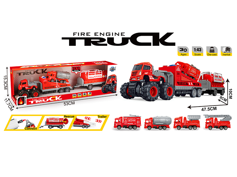 4WD Friction Alloy Double Trailer With Pull Back Fire Engine