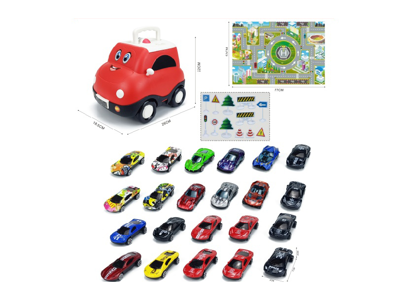 Police Car Storage Bucket (With 22 Sliding Alloy Cars +1 Map +12 Road Signs)