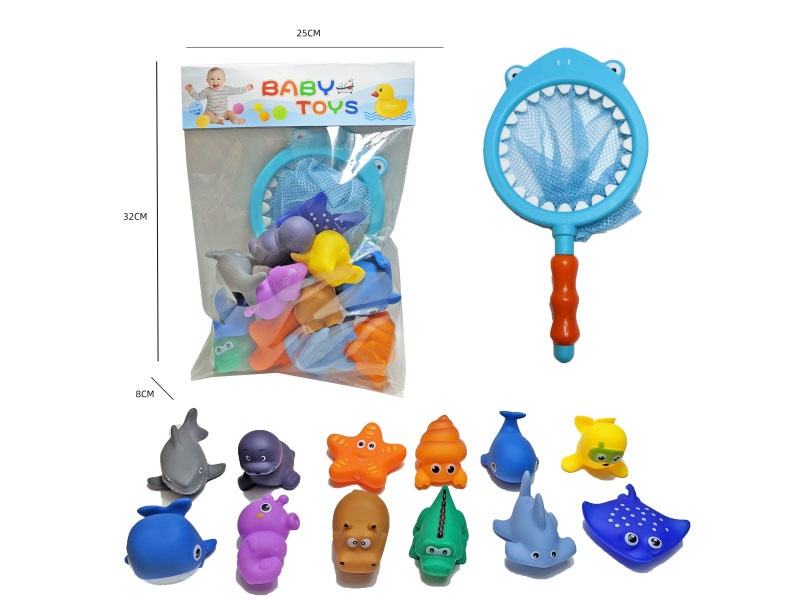 Shark Fishing Net + Soft Rubber Ocean Set (13-Piece Set) Cross-Border Bathroom Fish Fishing Toys, Bathing Toys, Fish Fishing And Bathing Toys, Water Play Children'S Rubber Animal Toys