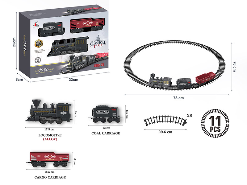 Rail Train Toy(Alloy Locomotive*1, ABS Train Compartments*2, Not Included Batteries)11pcs