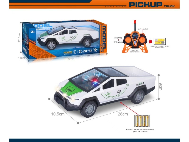 27Mhz 1:14 Five-Channel With Lights, One-Button Demonstration, Transparent Window Seat Transfer Printing Tesla Cyber Pickup Remote Control Police Car (Battery Not Included)