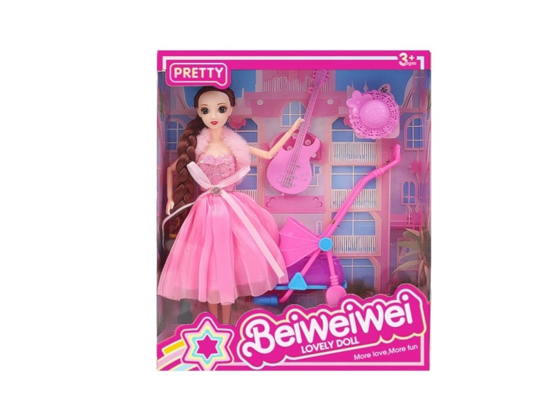 11.5 Inch, 11 Joints, 28 Cm 3D Eye Long Braid Doll, Guitar + Trolley + Hat, Multiple Mixed Outfits