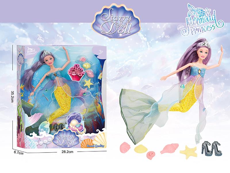 11.5 Inch 11-Joints Mermaid Princess Doll With Crown, Sea Shell Accessories