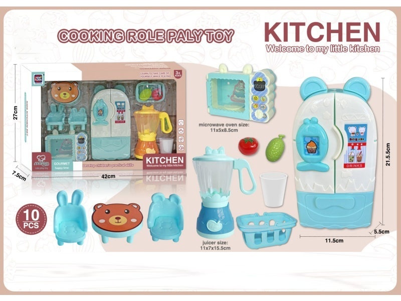 Play House Kitchen Utensils: Refrigerator, Juicer, Microwave Oven, Table And Chair Set (Blue)