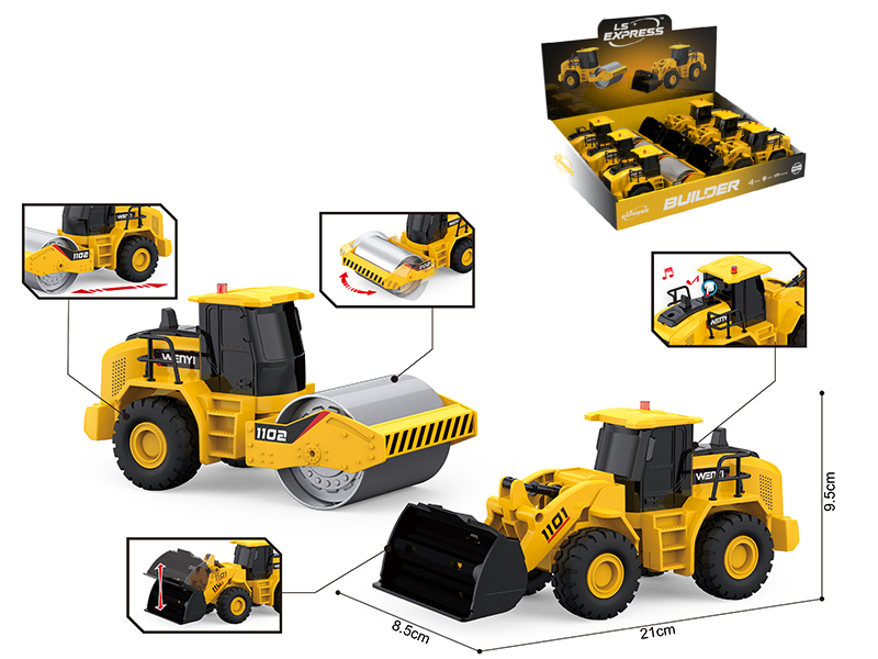 1:20 Friction Bulldozer, Road Roller Set(Lights, Sound)
