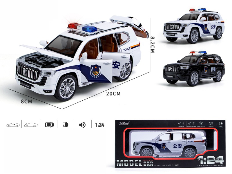1:24 Prado Chinese Police Car Version Pull Back Alloy Six-Door Car Model With Sound And Light