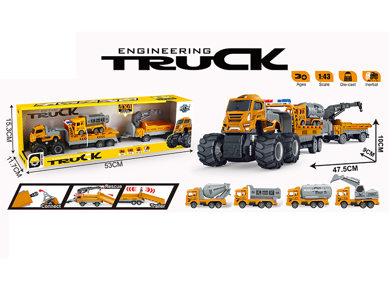 4WD Friction Alloy Double Trailer With Pull Back Engineering Truck
