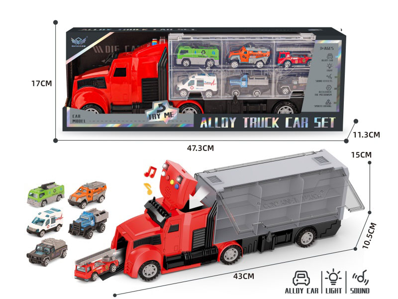 Fire Long-Nose Container Truck + Six-Color Fire Truck Series Alloy Vehicle