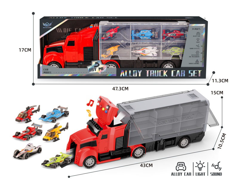 Fire-Fighting Long-Nosed Container Truck + Formula Racing Helicopter Series Alloy Vehicle
