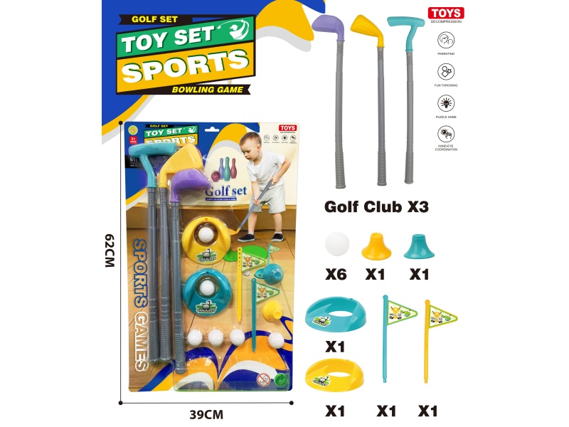 Three Golf Clubs + Two Sets Of Flag Holes And Six Balls