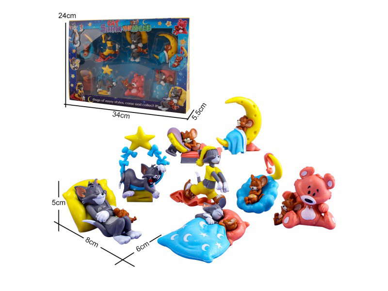Solid Pvc Large-Sized Sleeping Cat And Mouse 8-Piece Set Of Children'S Toy Figurines