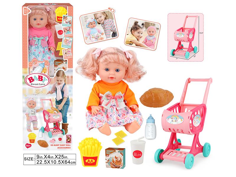 12" Girl Baby Doll(No IC) + Shopping Cart + Feeding-Bottle + French Fries + Cola Cup + Bread + Biscuits *2 + Feeding-Bottle + Snack Box