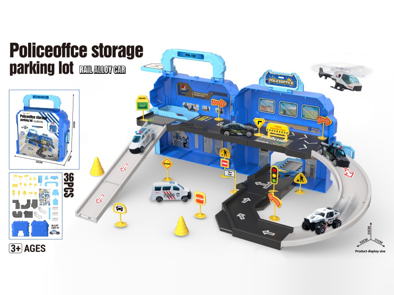 Policeoffce Storage Parking Lot Rail Alloy Car(With 1 Alloy Car, Road Signs)36PCS